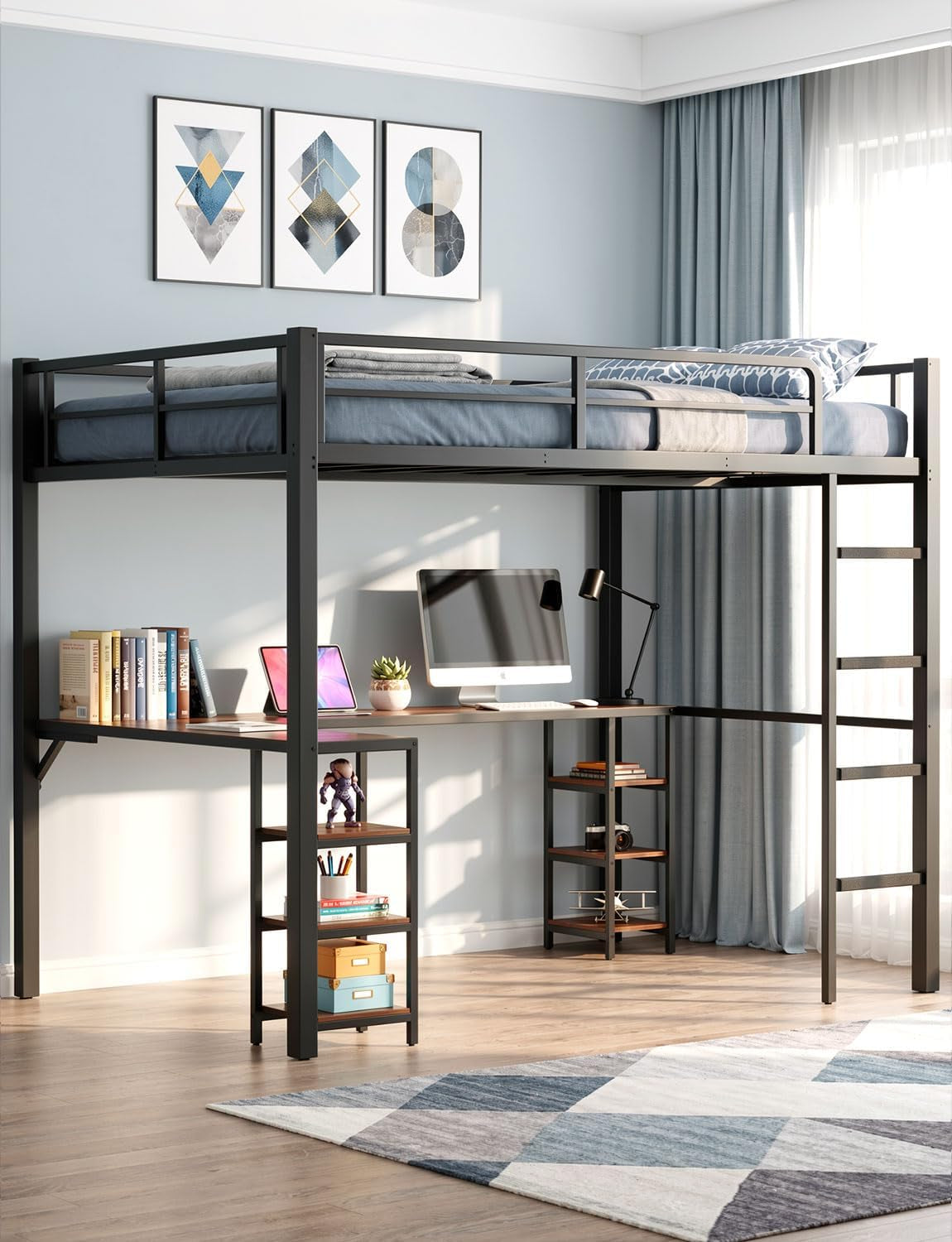 Black metal loft bed with full mattress, ladder at right, L-shaped desk and open shelving underneath in a bright bedroom.