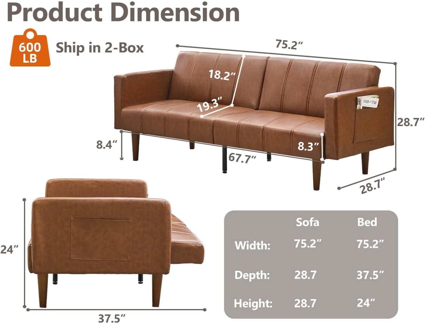 Annotated dimension diagram of brown PU leather futon showing 75.2 inch width and other measurements