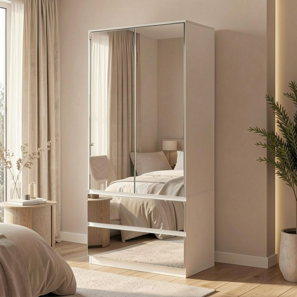 Full white mirrored wardrobe standing in a softly lit bedroom, mirrors reflecting the bed and curtains.