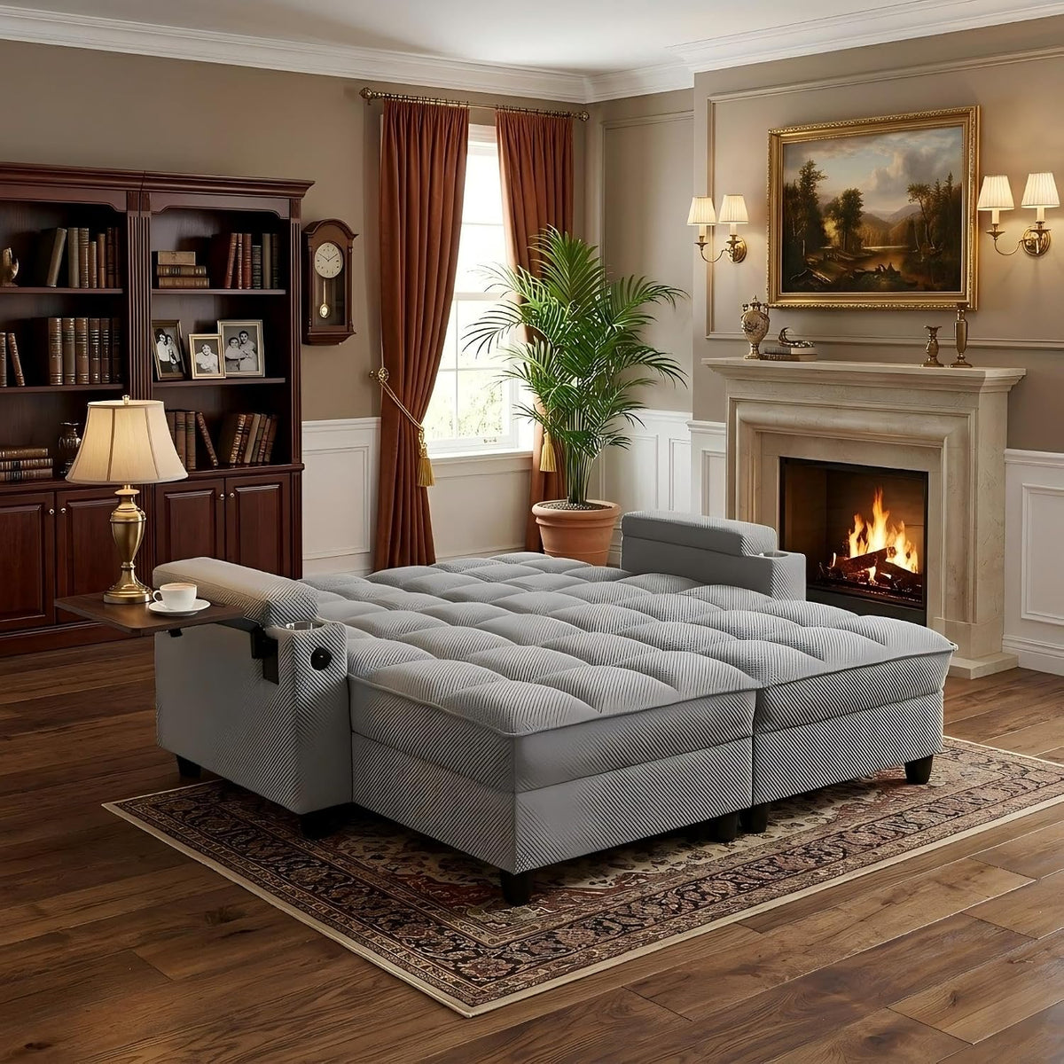 Light-gray chaise lounge opened flat into a sleeper placed on a patterned rug beside a lit fireplace.