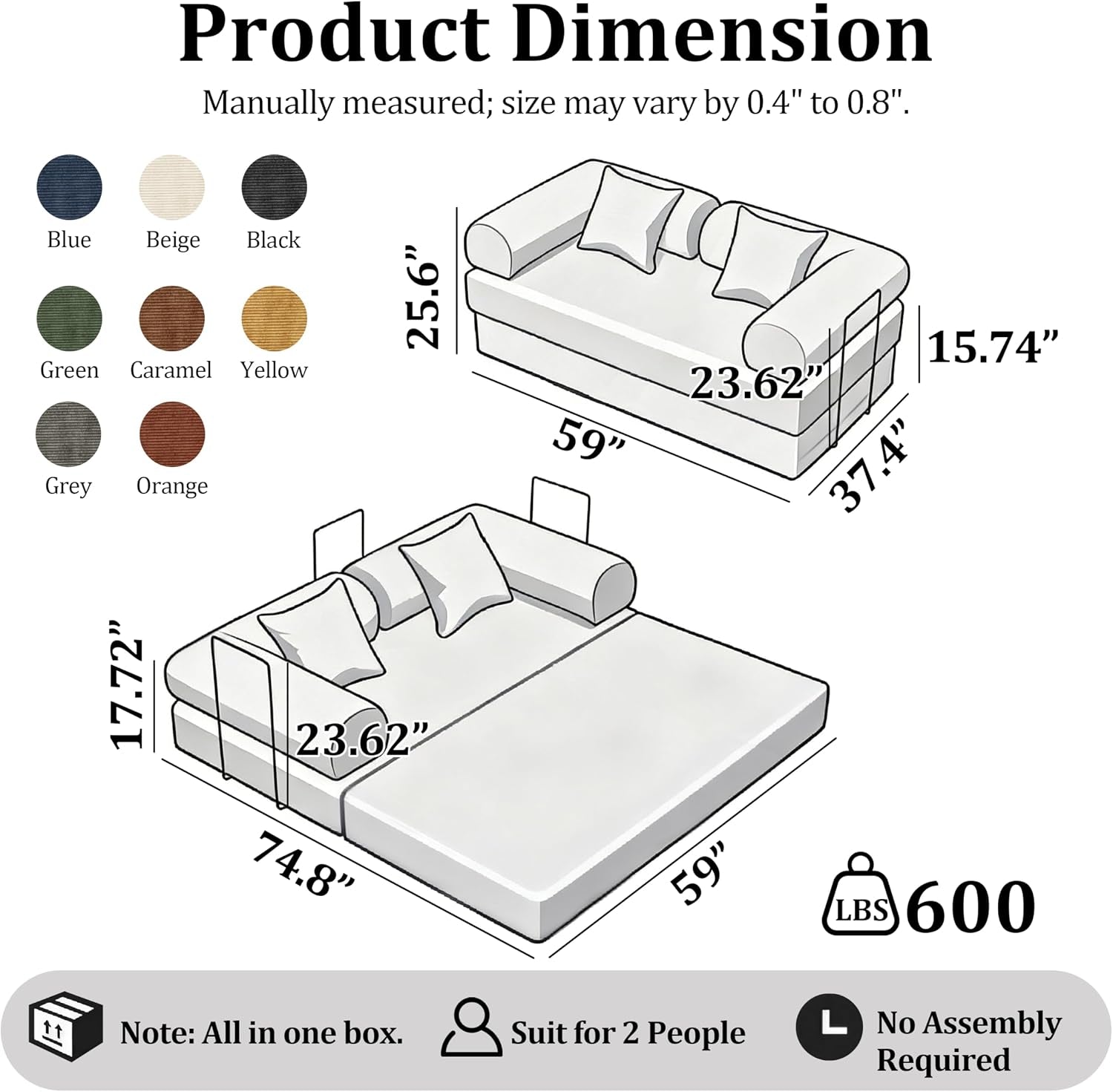 Line drawings showing sofa and unfolded bed with dimensional callouts and color swatches.
