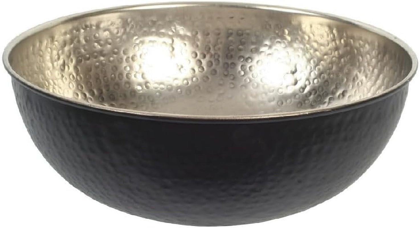 Three-quarter view highlighting a matte black exterior paired with a textured warm gold-tone hammered interior.