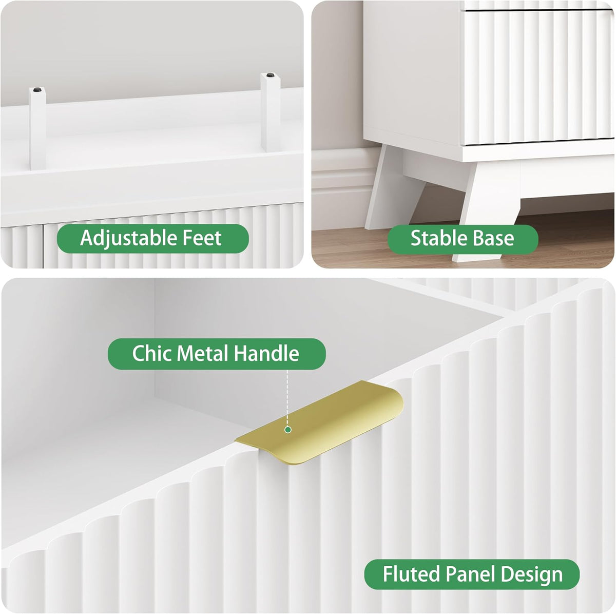 Close-up of fluted drawer front with coated metal handle and stable splayed base with adjustable feet