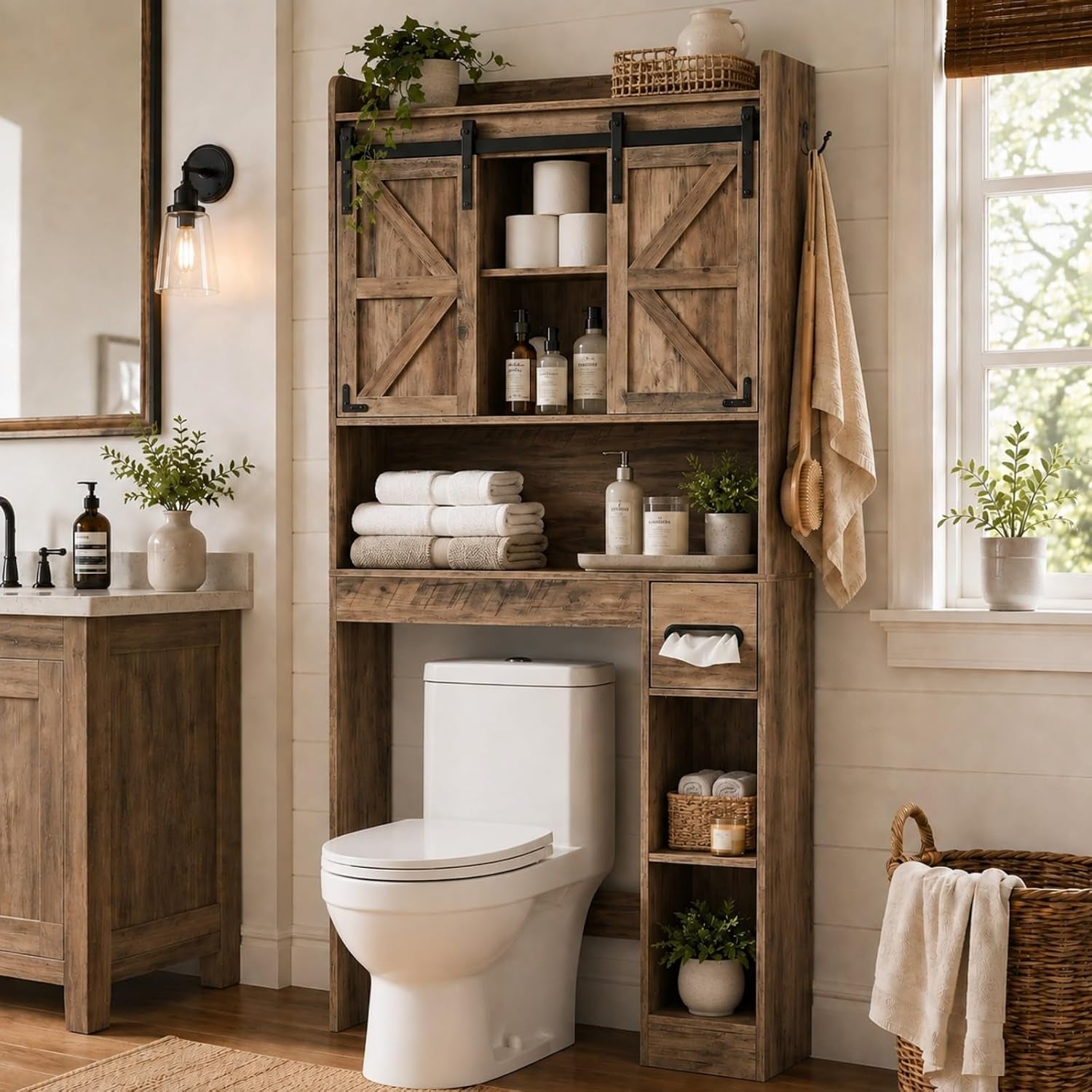 Freestanding over‑toilet wooden cabinet in warm walnut with barn‑style fluted doors and open shelves above a toilet.