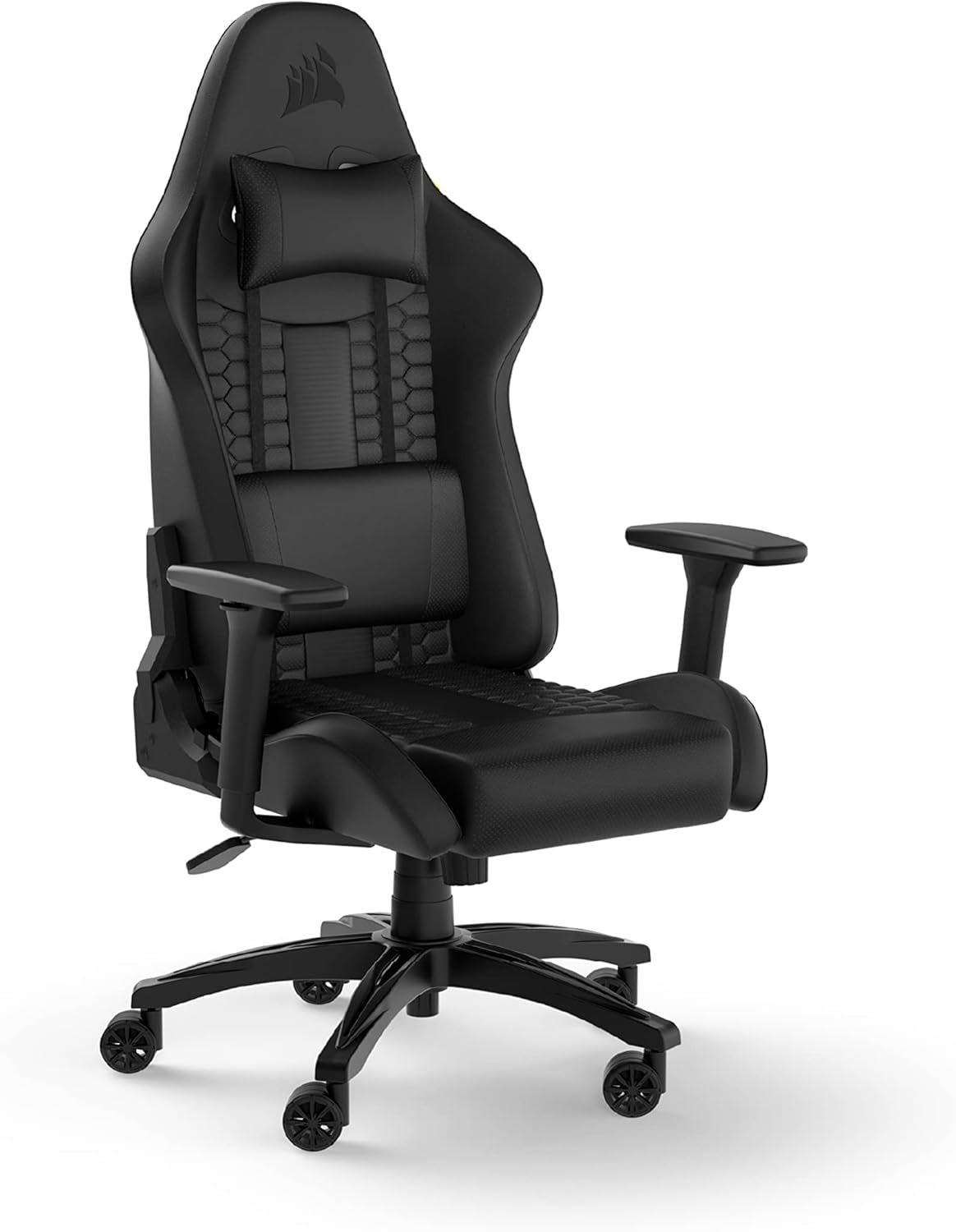 Front three-quarter studio shot of the black fabric racing-style gaming chair with pillows