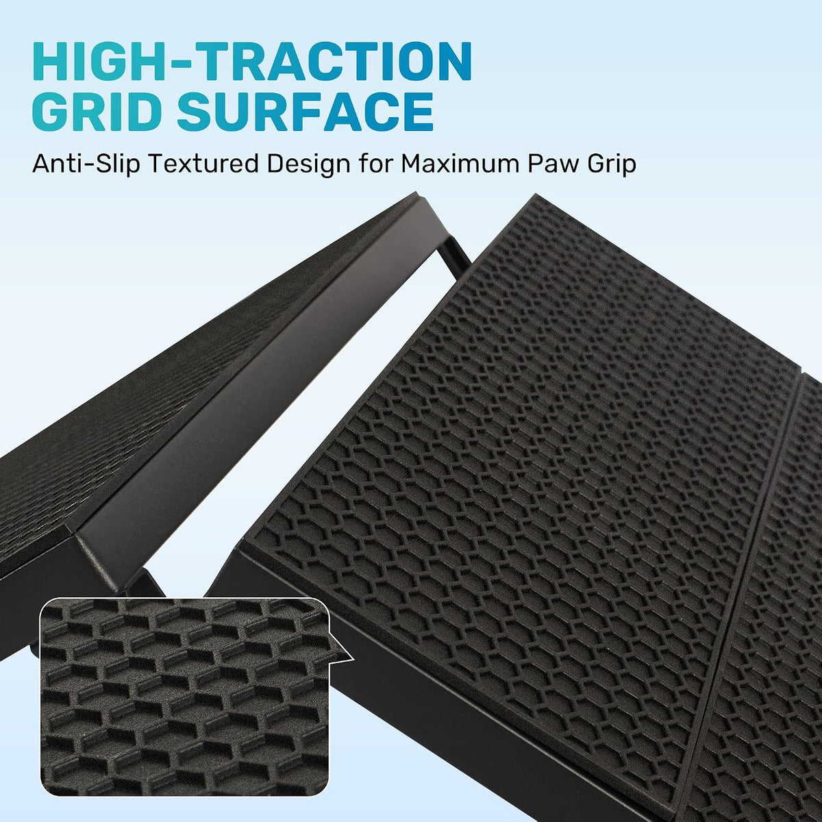 Close-up of the ramp's textured high-traction grid surface alongside the metal frame edge and fold seams