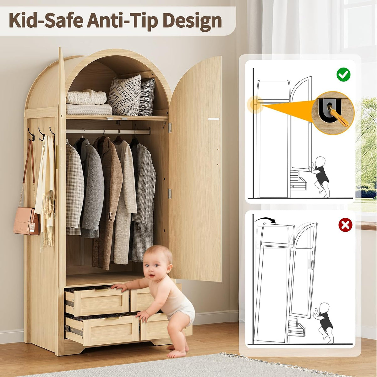 Natural armoire showing anti-tip kit graphic and a toddler near open drawers illustrating stability feature
