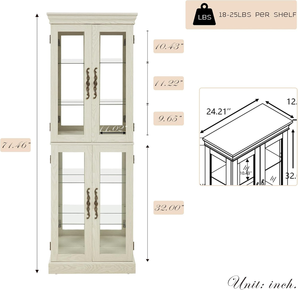 Front technical diagram of the curio cabinet showing overall dimensions and annotated shelf heights