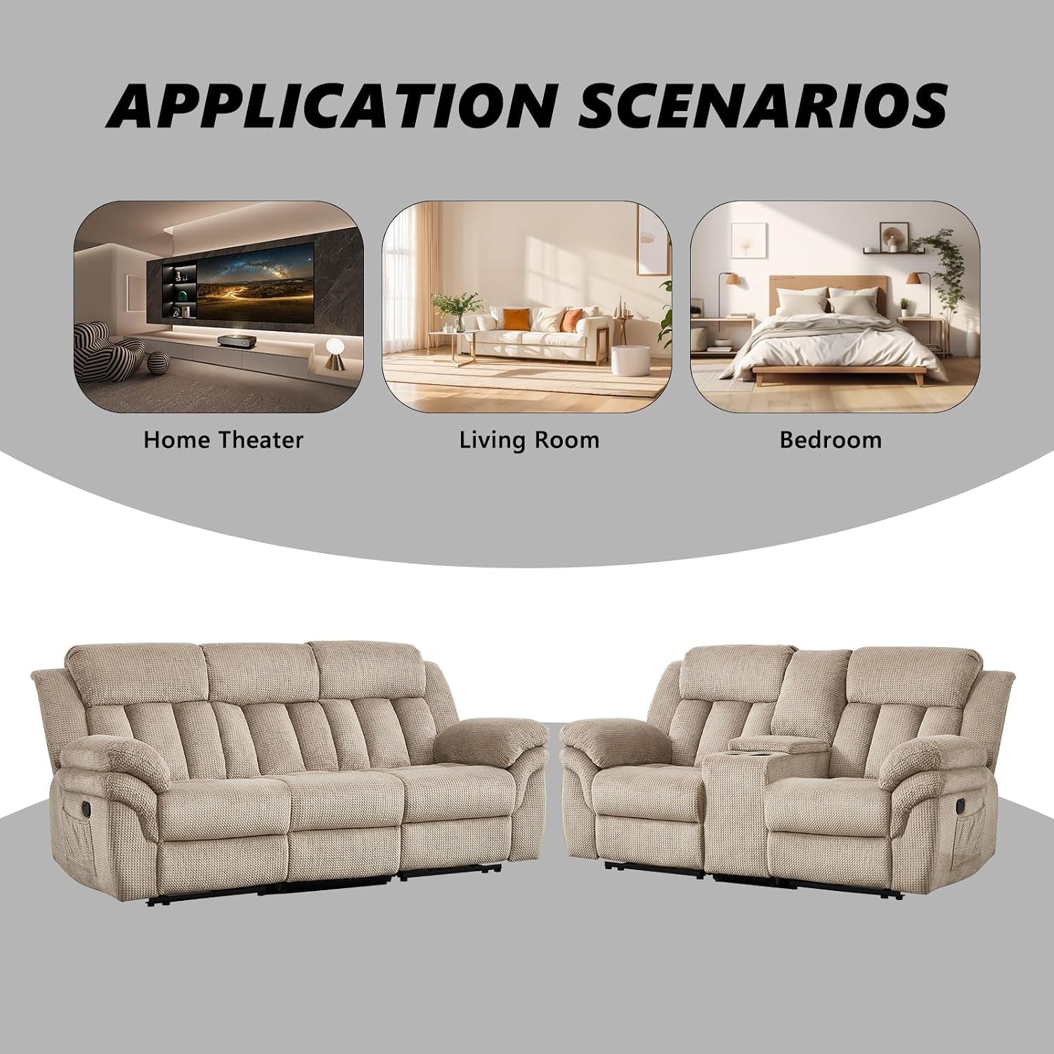 Two-piece light brown reclining sofa set shown side by side: a three-seat sofa and a loveseat with center console.