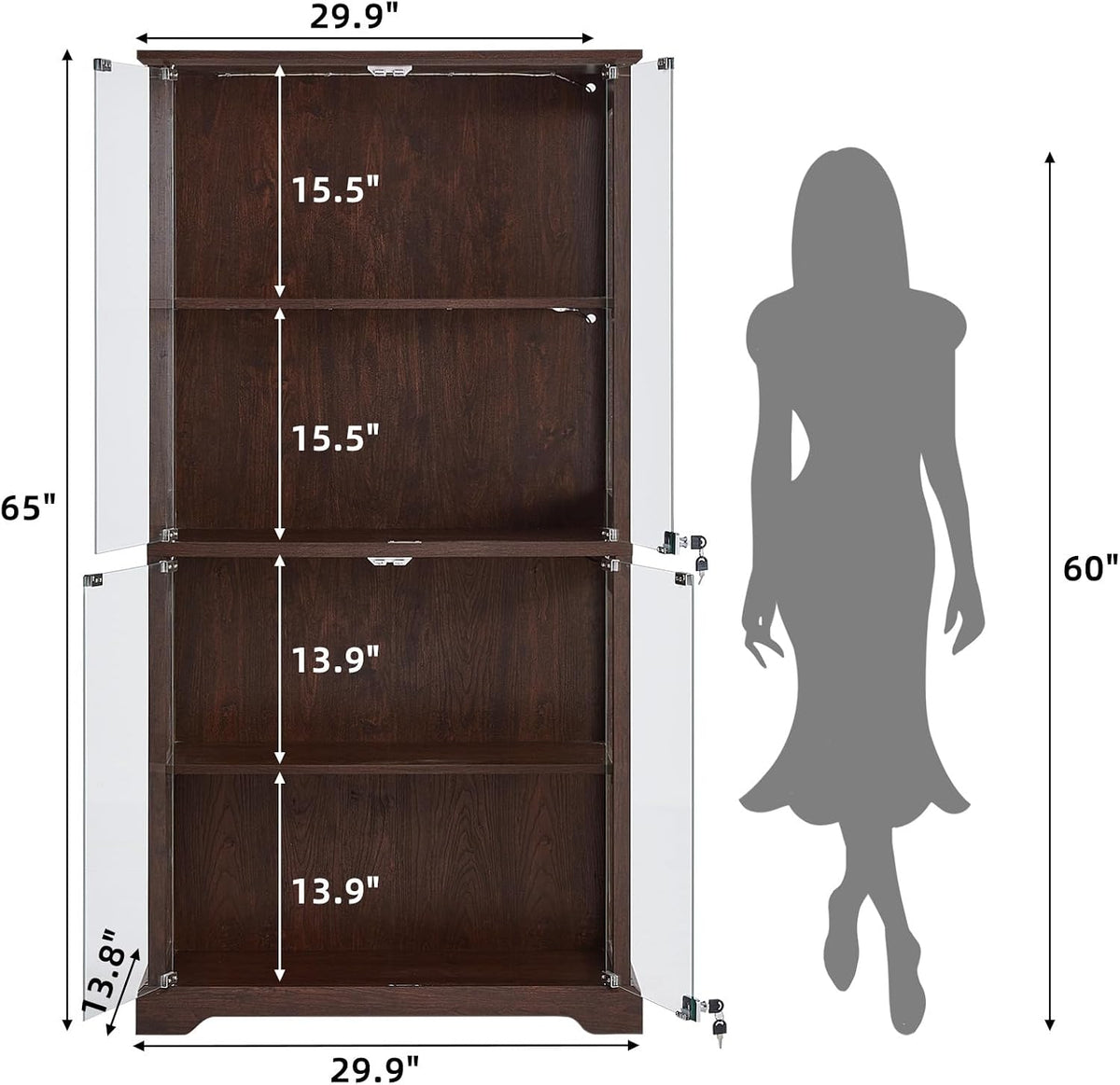 Diagram of the cabinet with both glass doors open showing interior shelf spacing and overall measurements