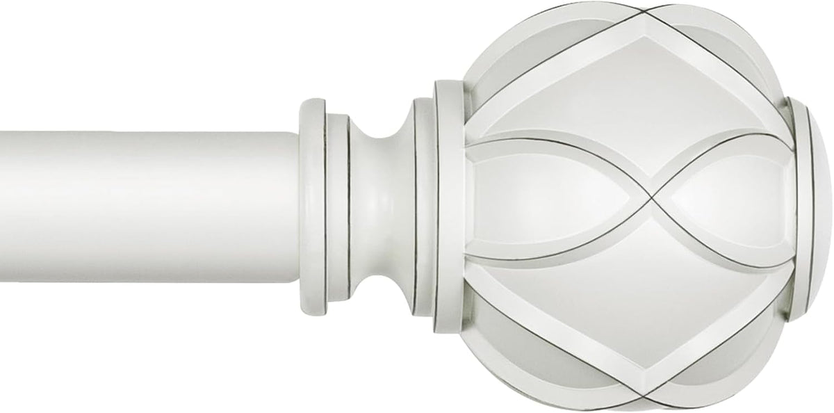 Close-up side view of a white curtain rod with a round, carved finial