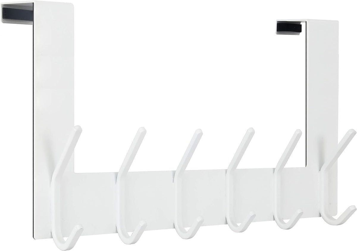 White over‑the‑door hook rack shown head-on with six hooks and two rectangular door hangers