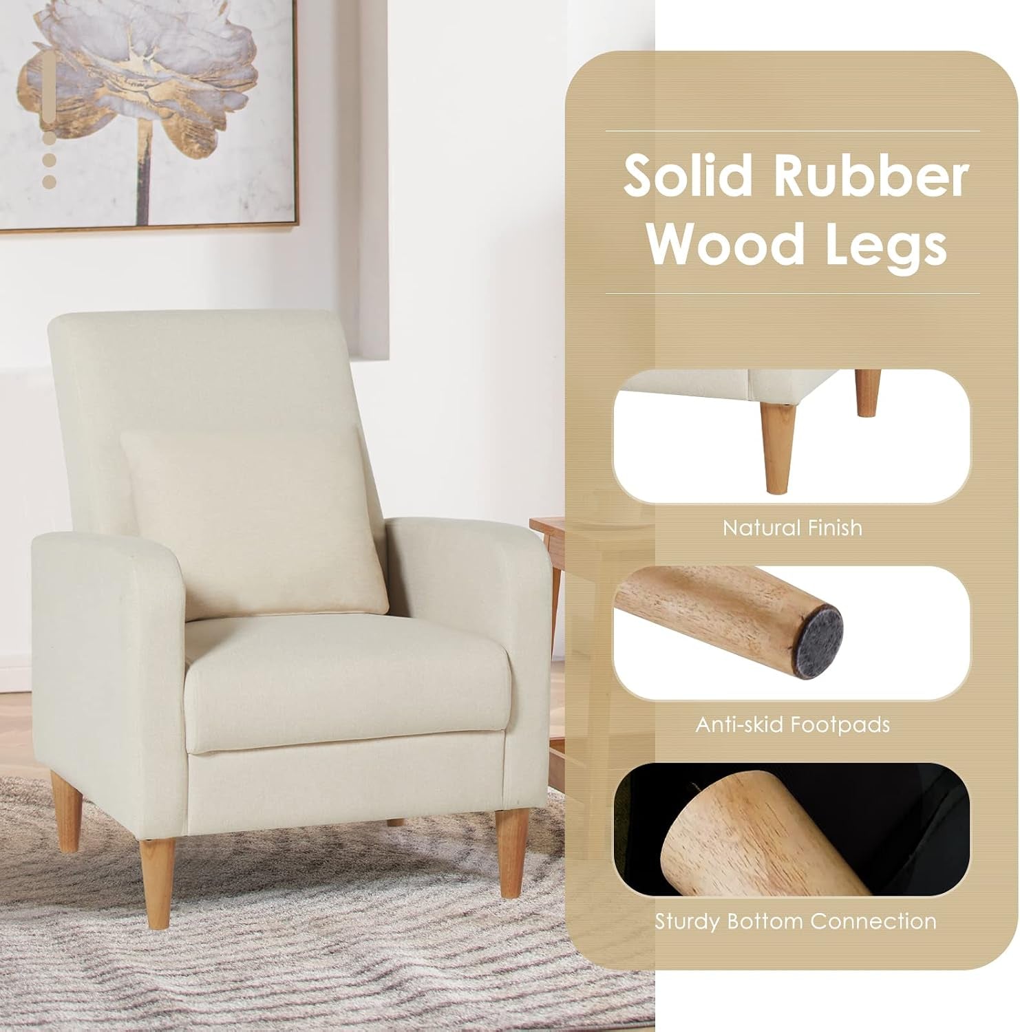 Beige chair close-up showing solid rubberwood legs with anti-skid footpads and bottom connection detail