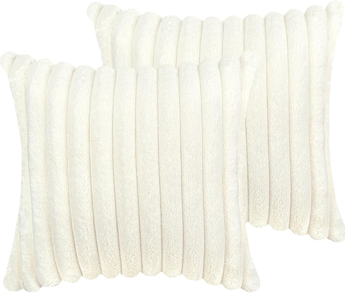 Two cream/ivory square pillow covers with soft faux-fur ribs displayed overlapping