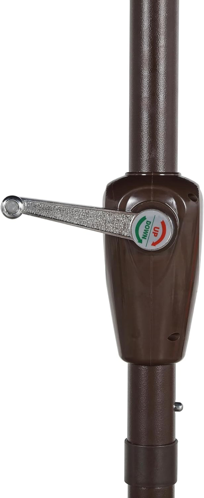 Close-up of brown pole hand crank and tilt lever at mid-pole with textured metal handle visible.