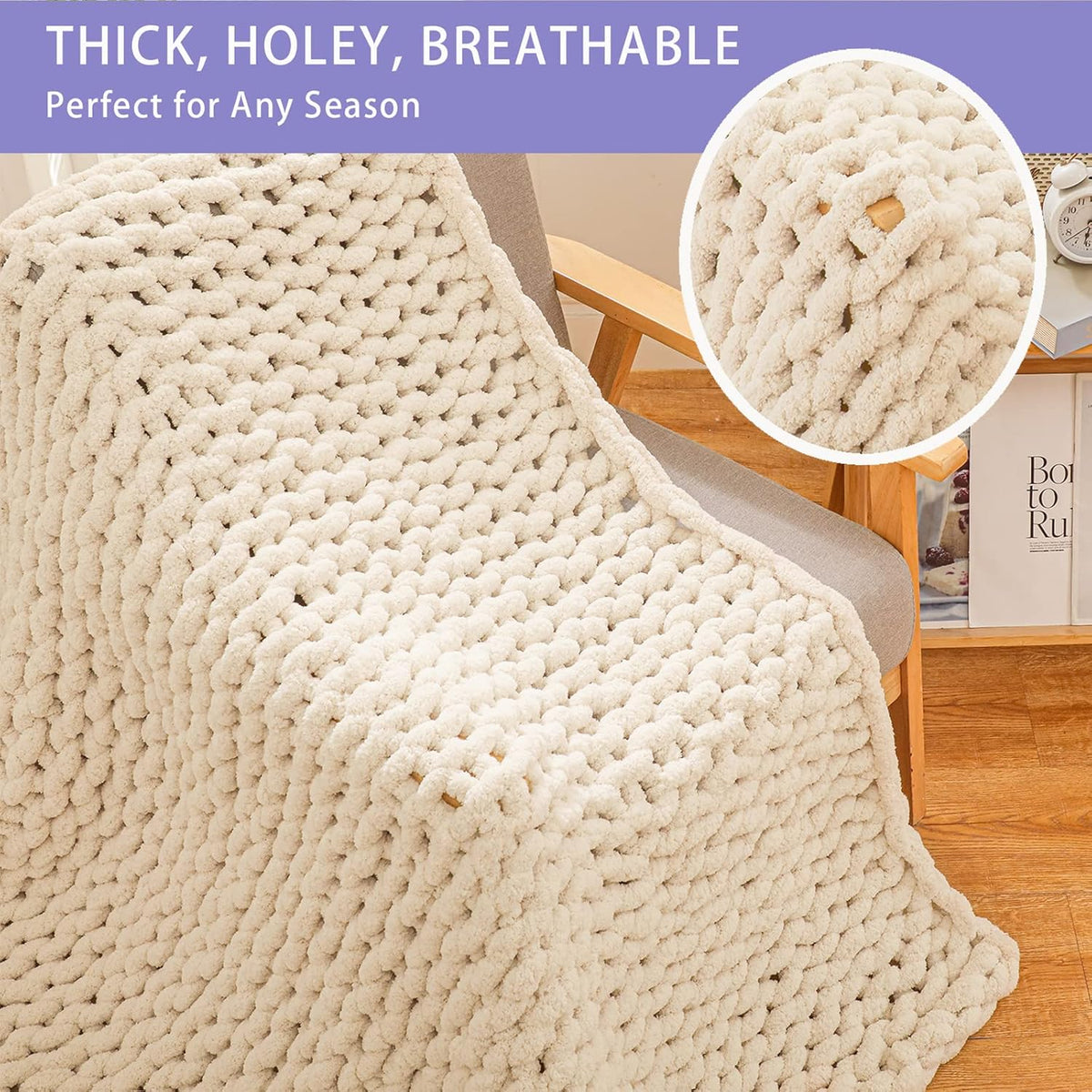 Beige chunky knit throw folded over an armchair with a circular inset showing stitch detail