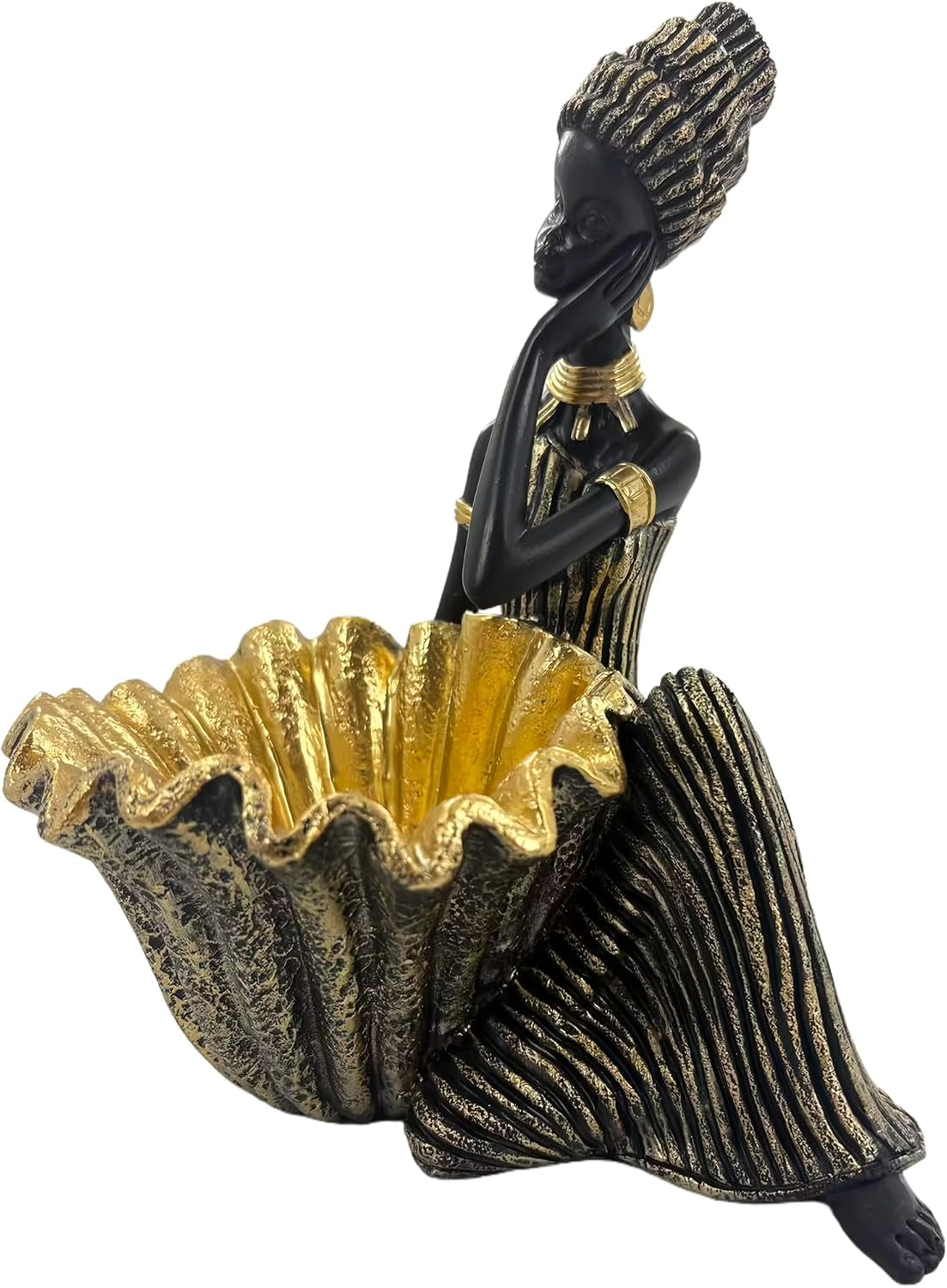 Close-up of the figure's upper body and ruffled gold bowl, showing textured dress folds and jewelry.