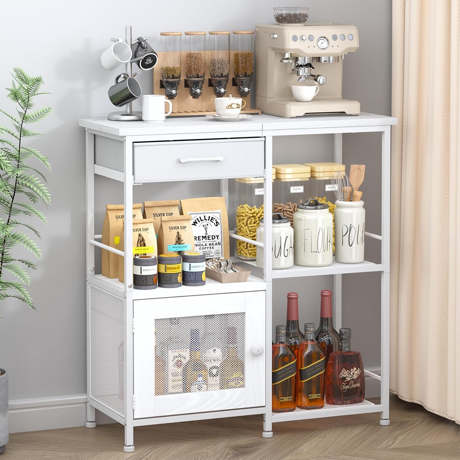 Close view of white-framed sideboard with wood top, open shelving, drawer and mesh cabinet door
