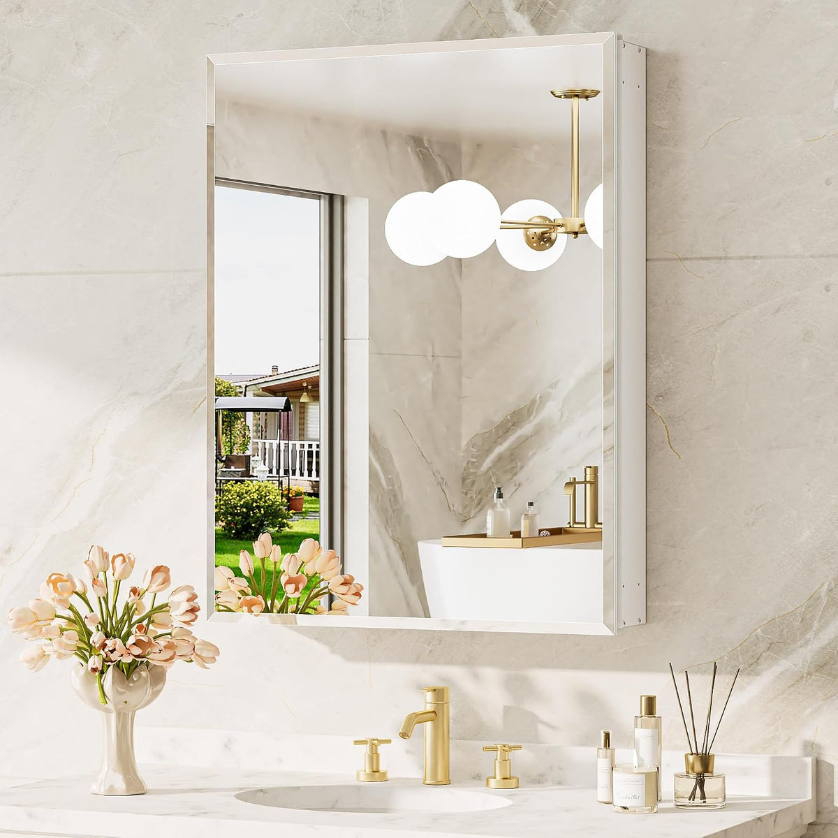 Single beveled mirrored medicine cabinet with white side box reflecting a tub and round vanity lights.