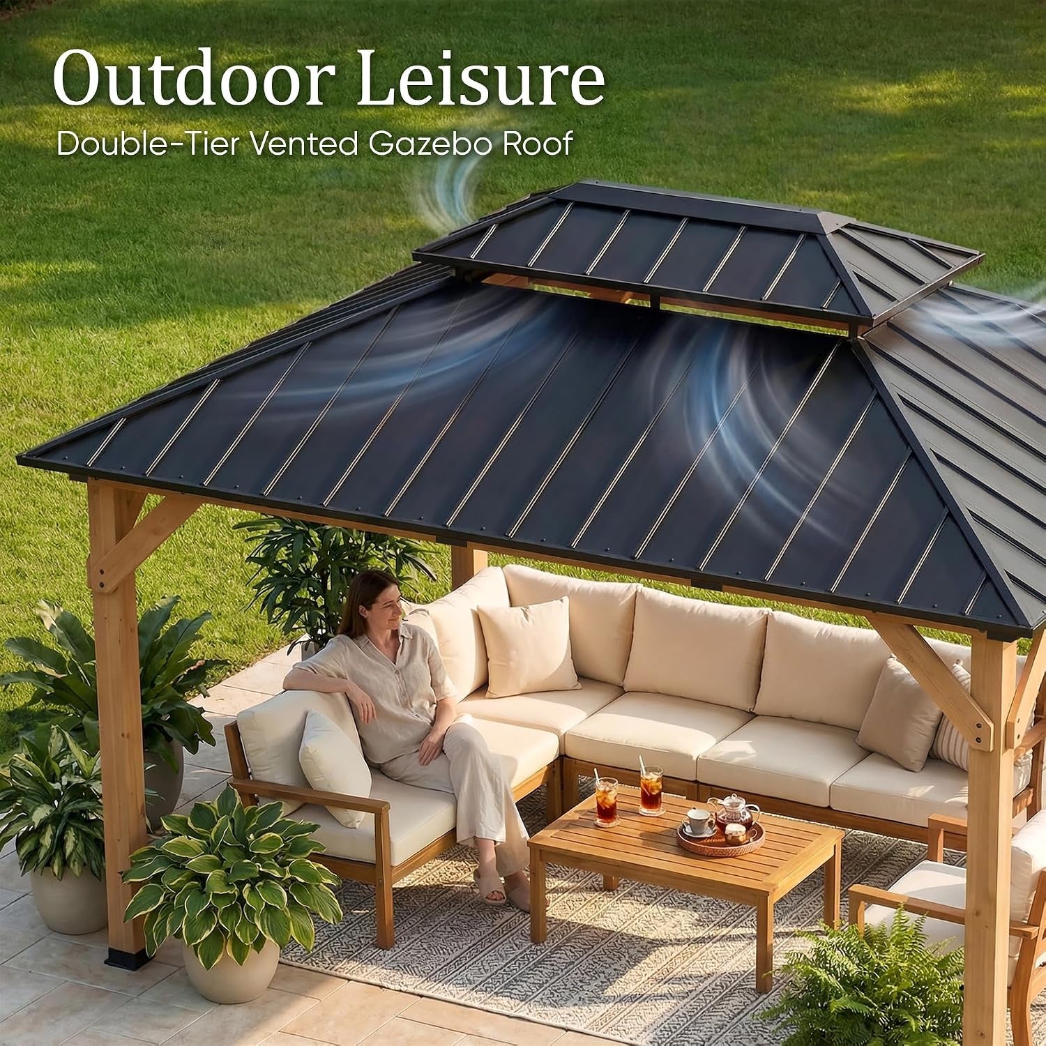 Woman seated on a light-cushioned sectional beneath the gazebo, drinks on a coffee table and potted plants nearby