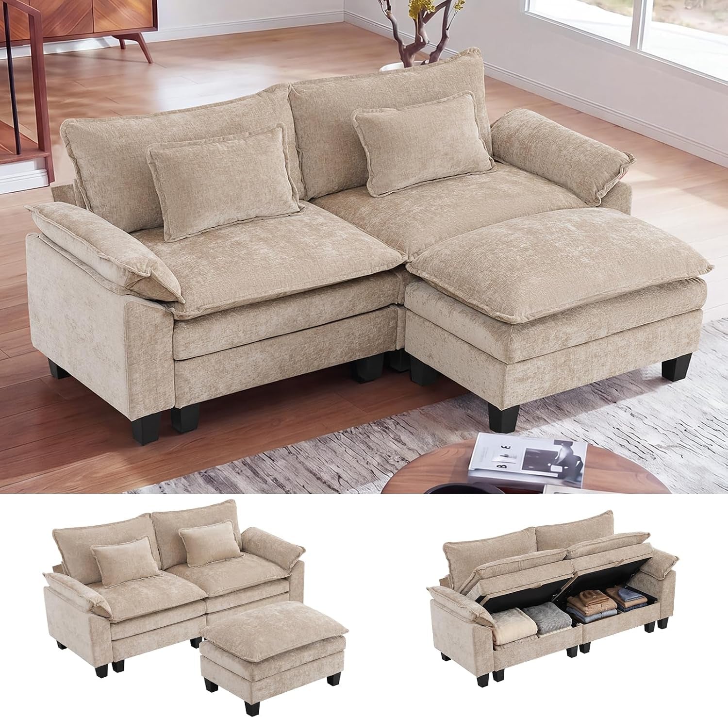 Light beige modular loveseat with separate ottoman positioned on wood floor near a window