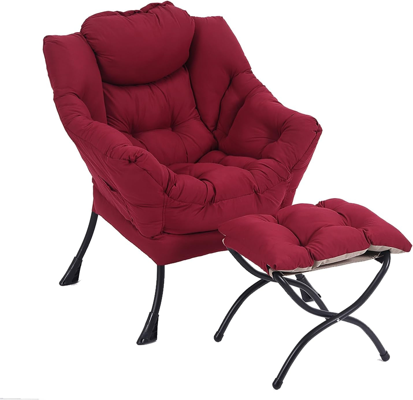Red tufted lounge chair with matching foldable ottoman and black metal legs on white background.