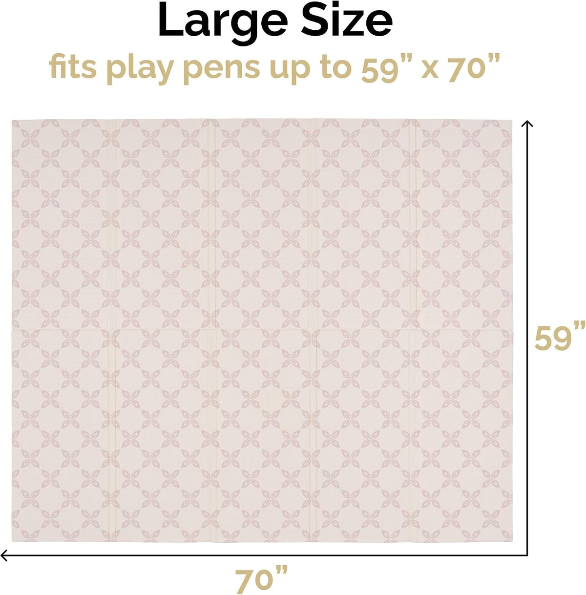 Top-down view of pale patterned play mat showing overall 70" by 59" layout