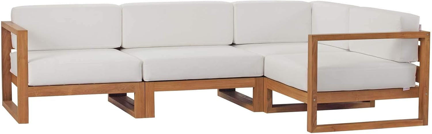 Full 4-piece teak sectional with white cushions, straight front view on a white background