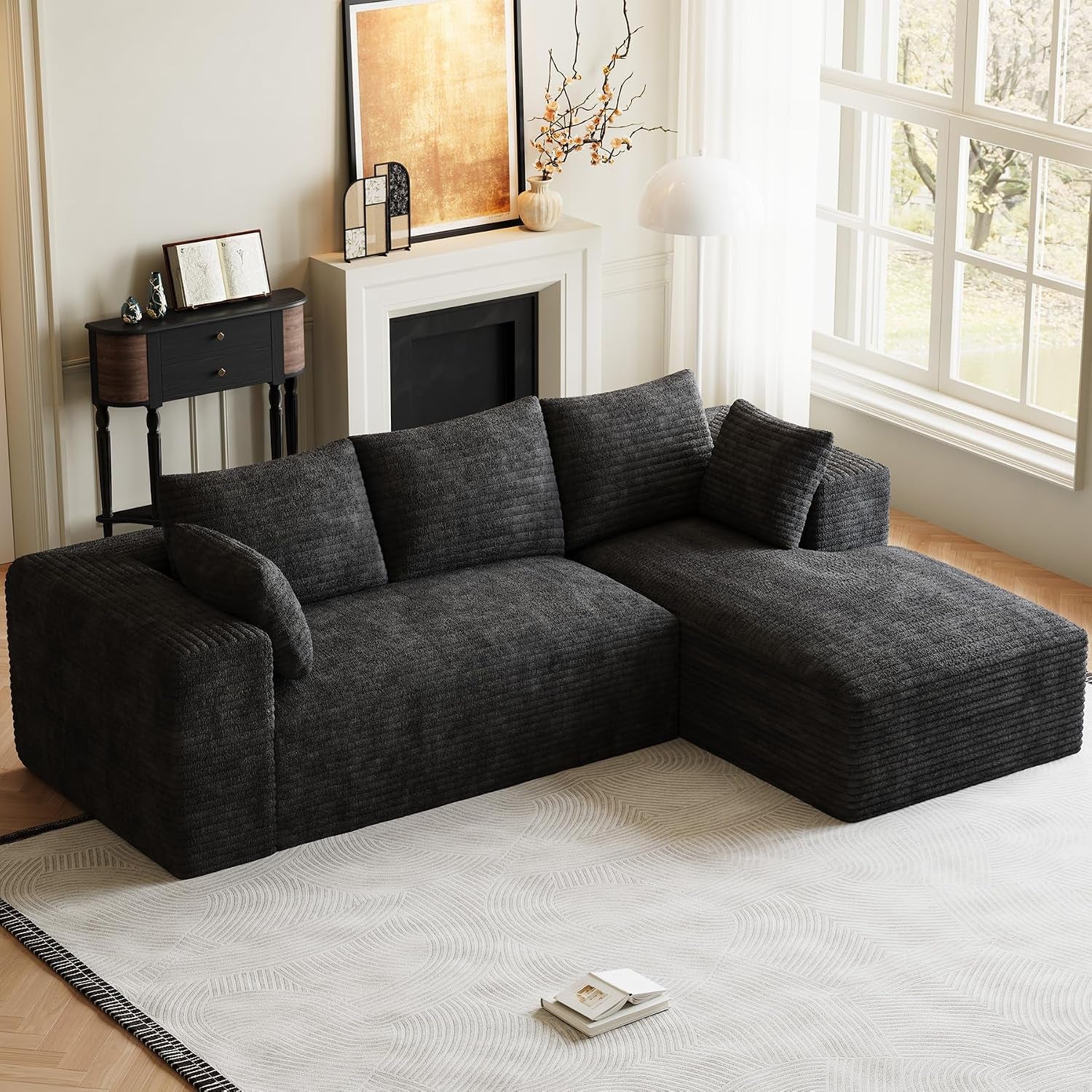 ONEMMLION 96" L-Shaped Cloud Boneless Couch Sofa with Chaise, Beige White | Corduroy Comfy Fluffy Modular Deep Seat Memory Foam Compressed Sectional Sofa for Living Room Oversized Left Facing Chaise