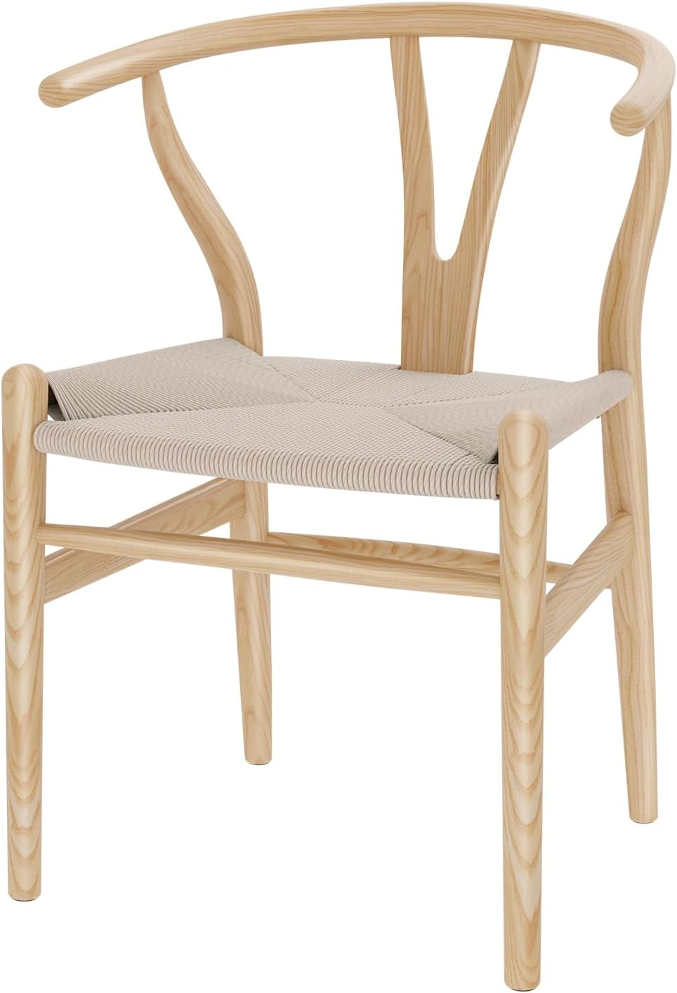 Three-quarter view of a natural ash wood dining chair with light woven seat and curved Y-shaped back.