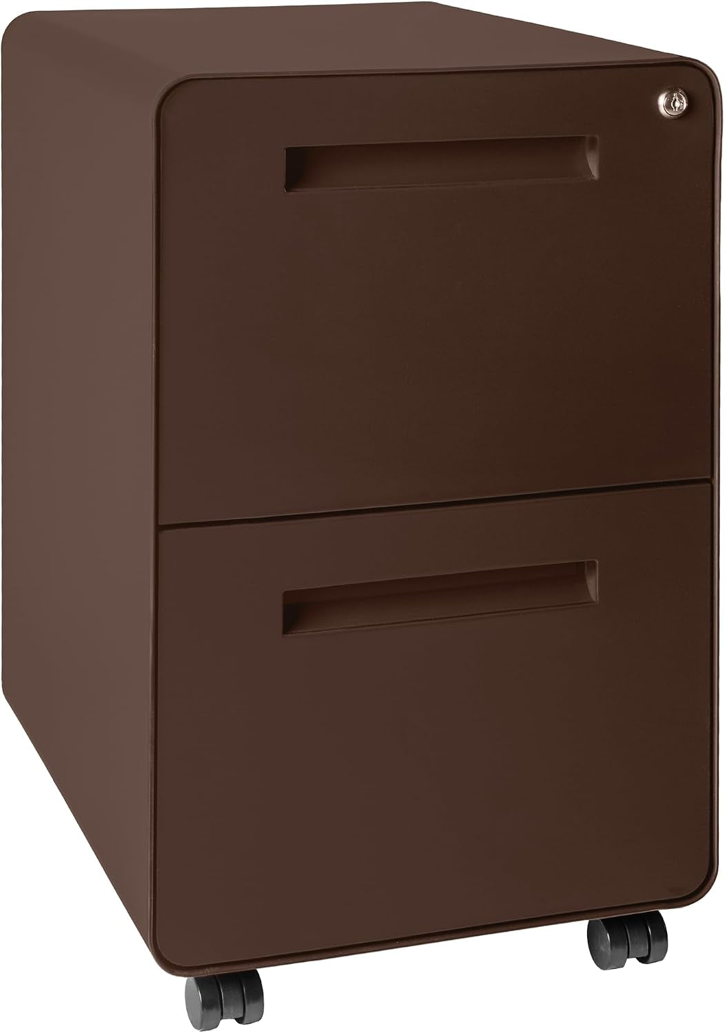 Dark brown two-drawer mobile file cabinet with recessed handles and caster wheels, lock at top