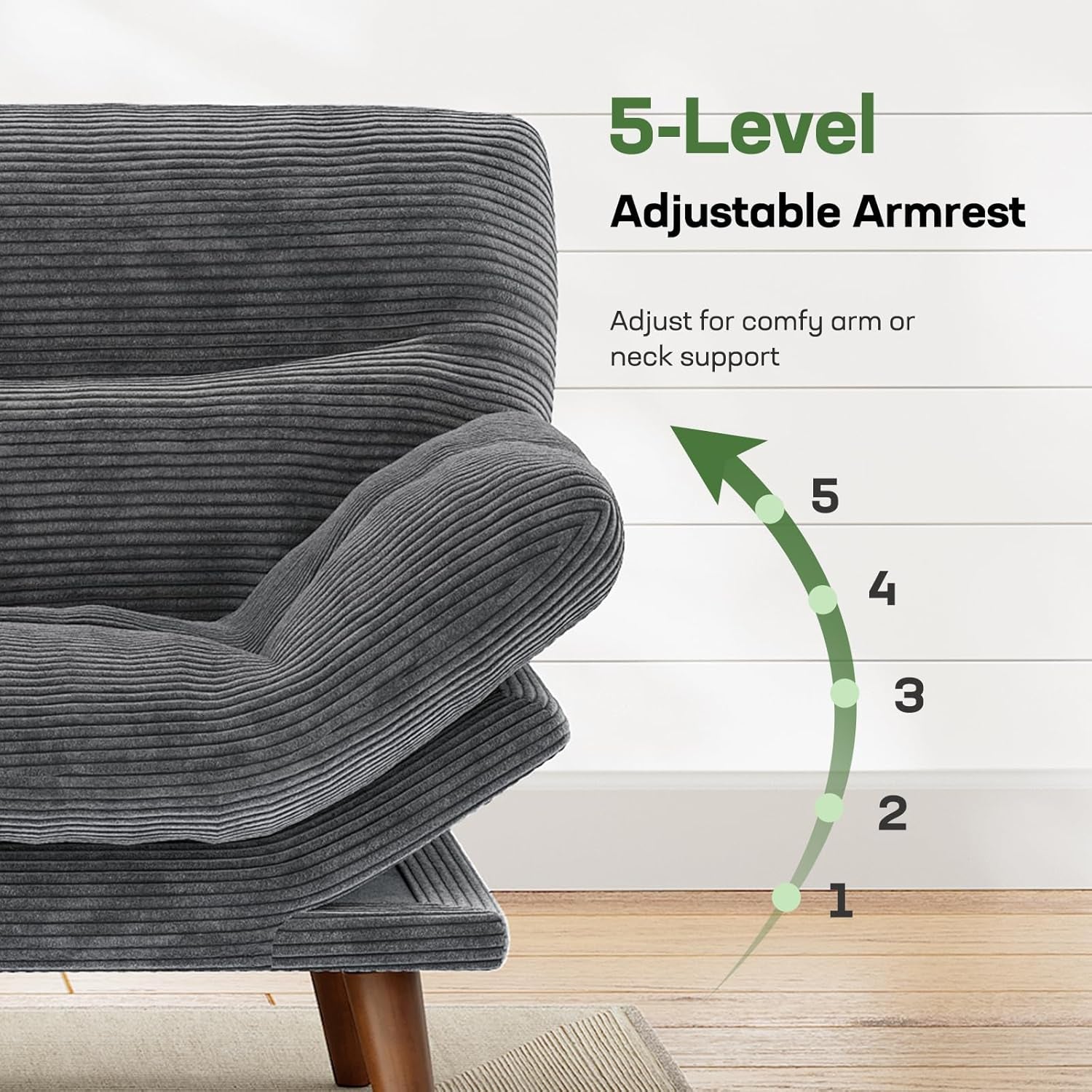 Close-up of grey corduroy armrest illustrating 5-level adjustable positions