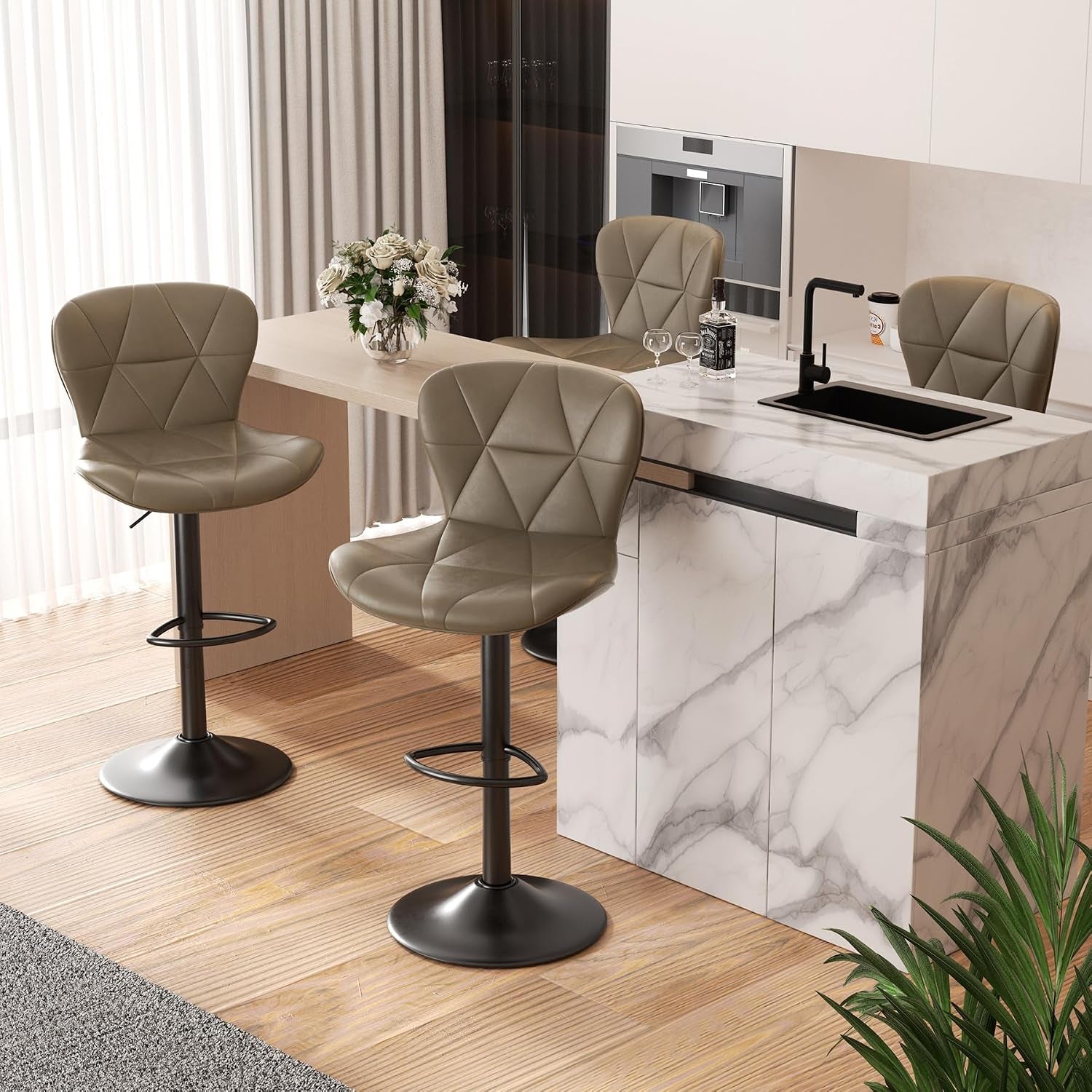 Nalupatio Modern Bar Stools Set of 2, Adjustable Faux Leather Upholstered Swivel Bar Stools, Counter Height, gallery view 22