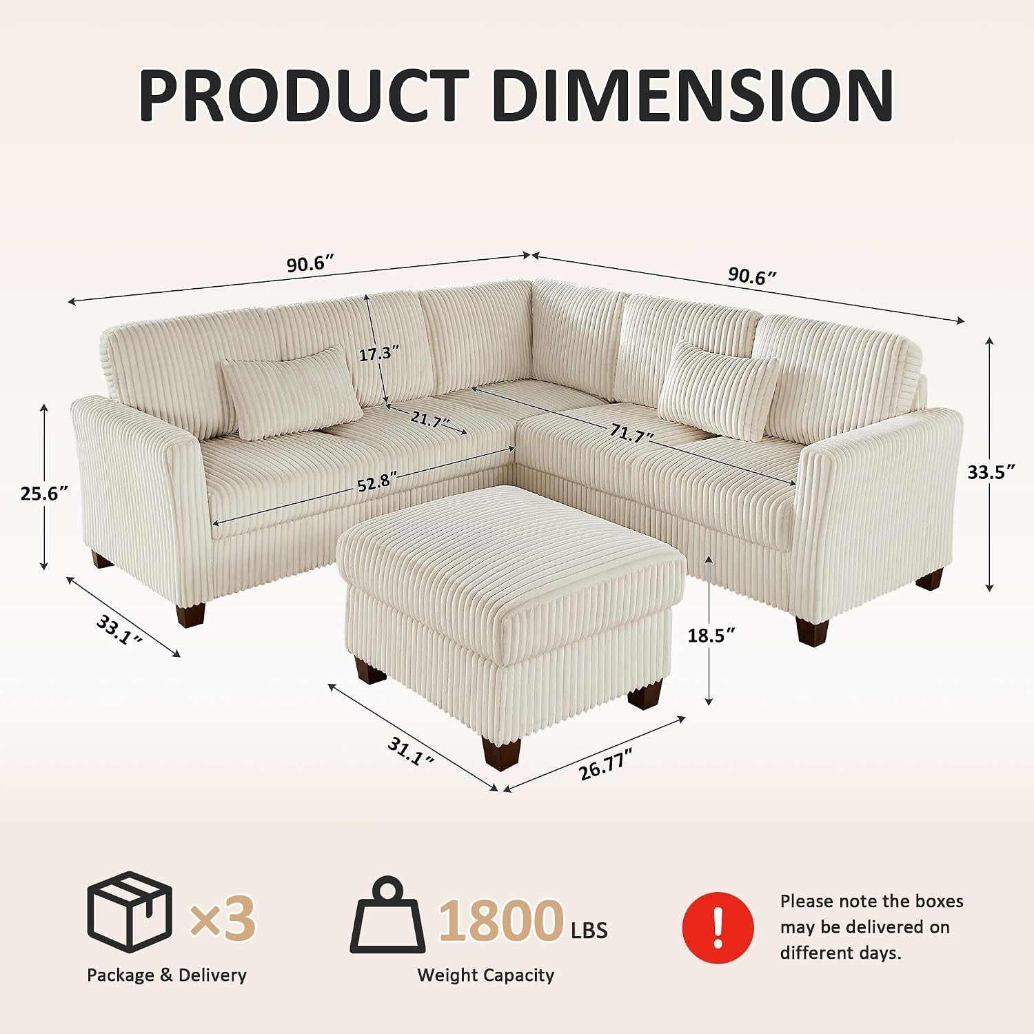 Diagram of sectional dimensions showing 90.6" sides, 33.5" height, ottoman dimensions and 1800 lbs capacity