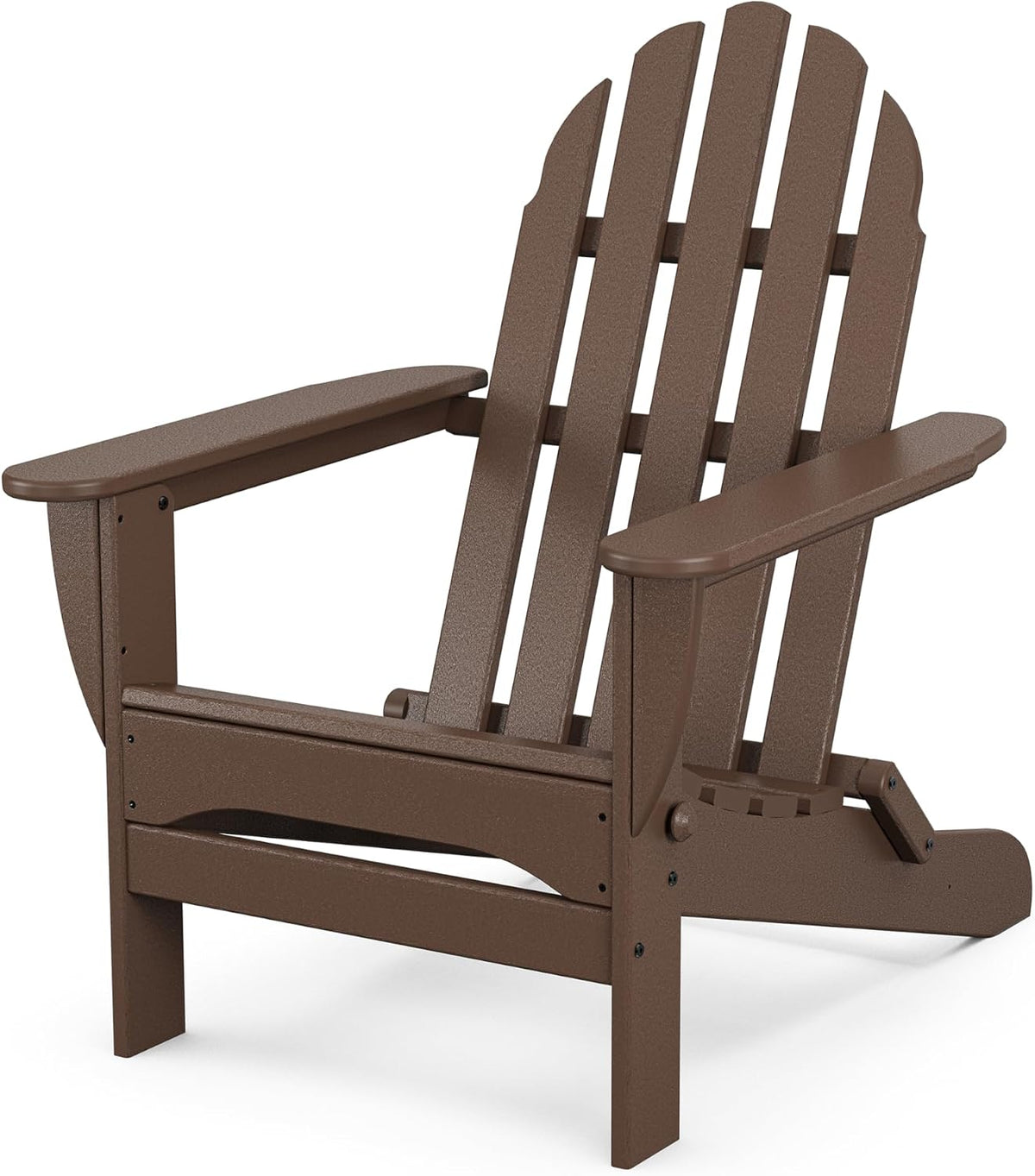 Front-quarter view of a brown Adirondack chair showing slatted back and wide armrests.