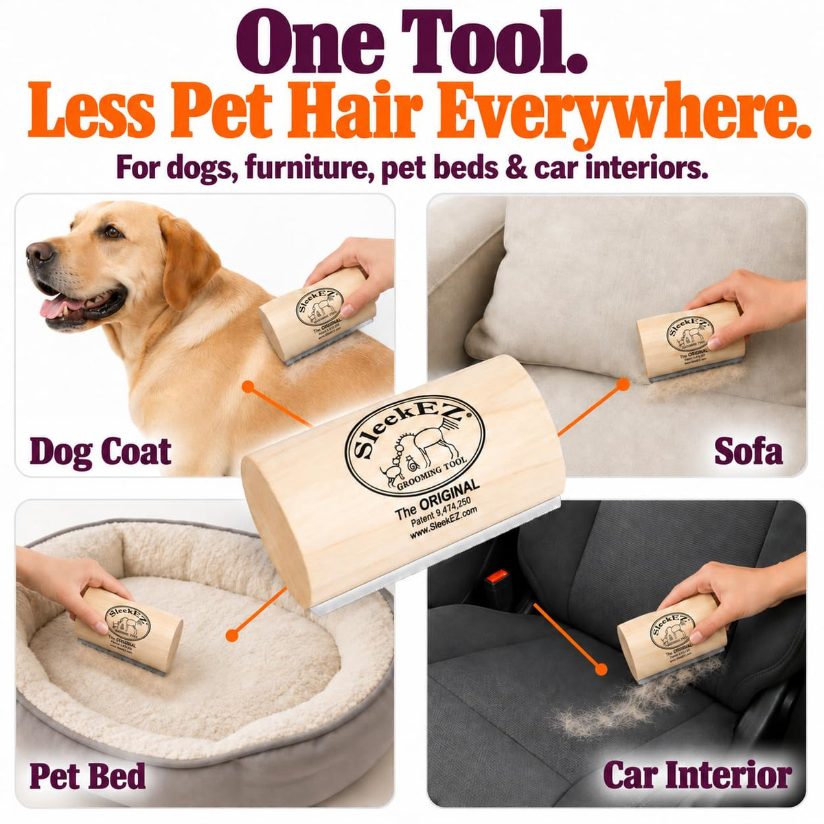 Four-panel collage showing hands using a wooden deshedding brush on a dog, sofa, pet bed and car seat with a large brush