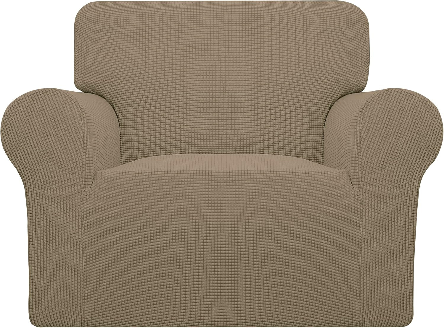 Front view of a single-seat armchair covered in a textured light brown stretch slipcover