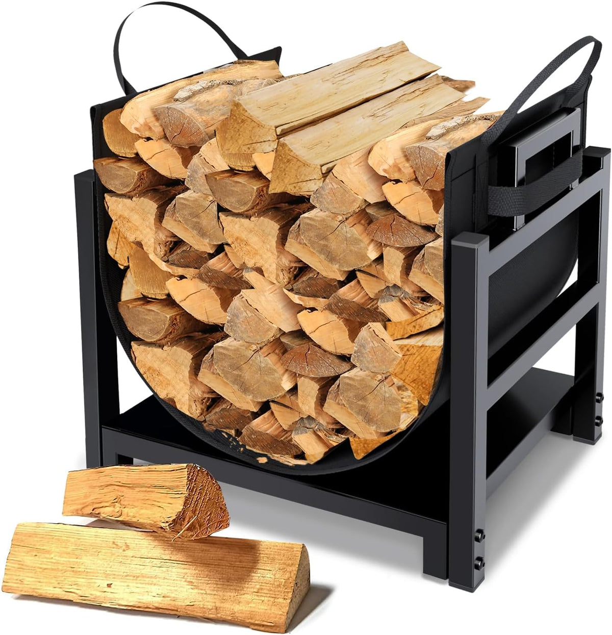 Black metal log rack with a removable black canvas sling filled with split firewood and two logs in front