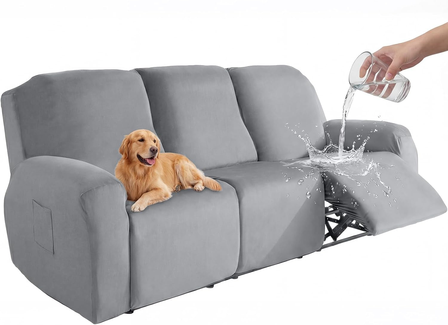Grey three-seat recliner cover on a sofa with a golden retriever and water being poured onto the extended footrest.