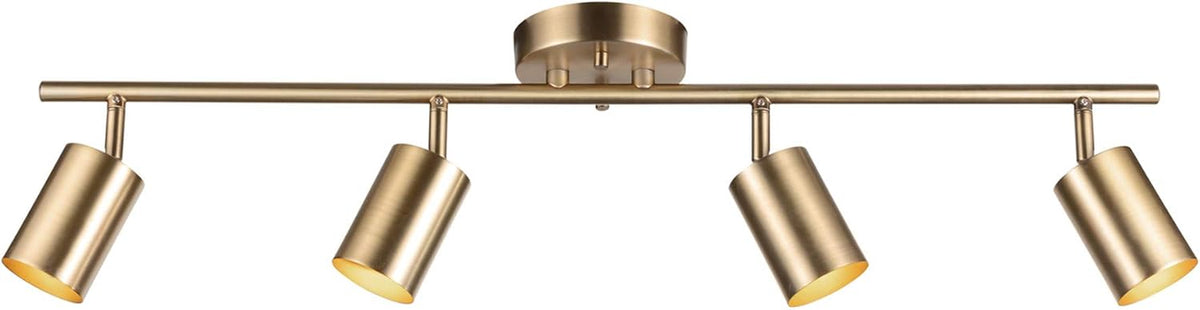 Matte brass 4-light track fixture close-up front view showing four cylindrical adjustable heads on a slim bar