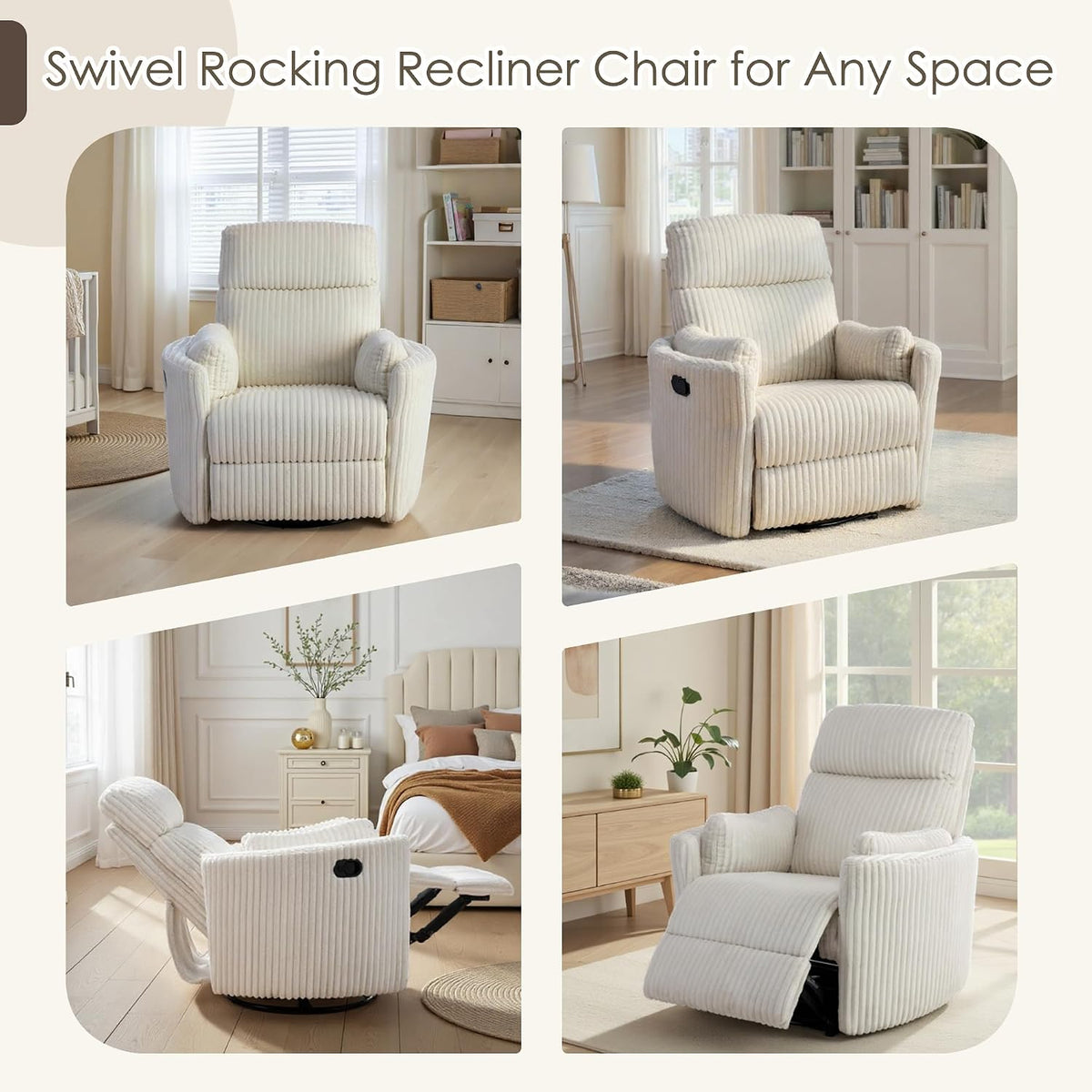 Collage of four views: front, angled, side reclined, and three-quarter of the beige ribbed swivel recliner in staged rooms.