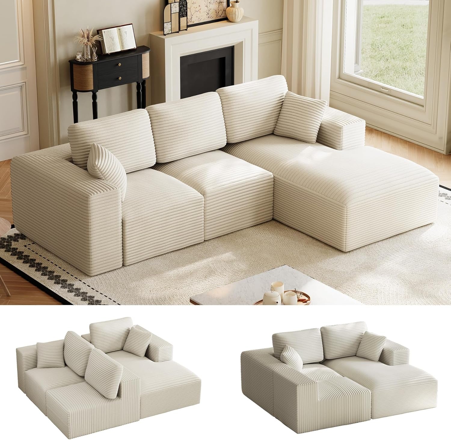 Cream-colored L-shaped modular sectional with chaise in a bright living room, plus two small configuration views