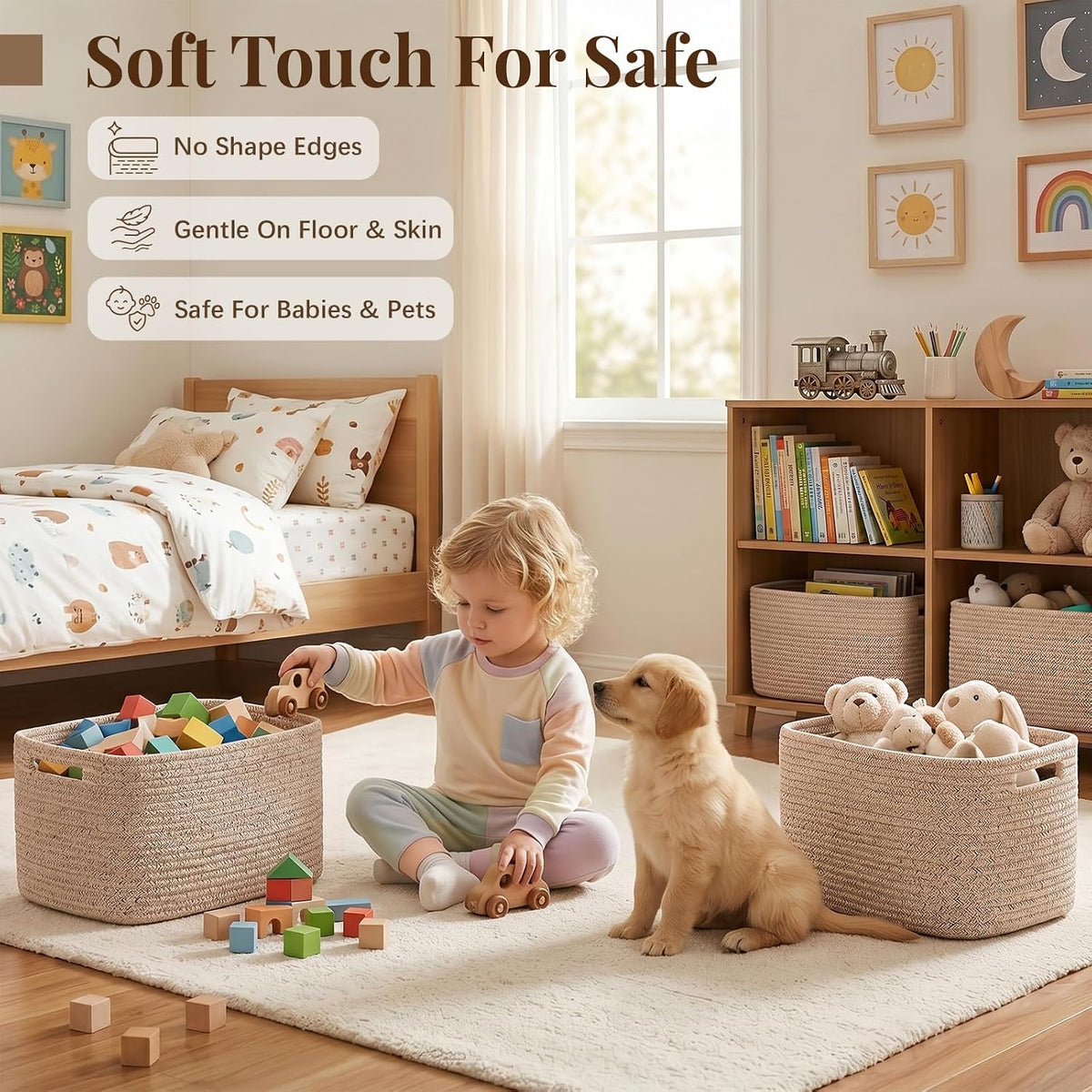 Nursery scene showing children’s toys and natural cotton storage baskets used on the floor beside a puppy
