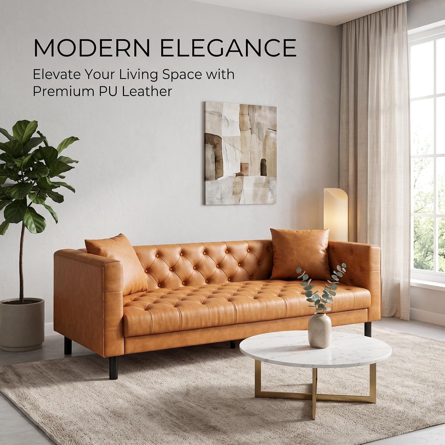 tan PU leather sofa angled view in a bright room with coffee table and wall art reading modern elegance