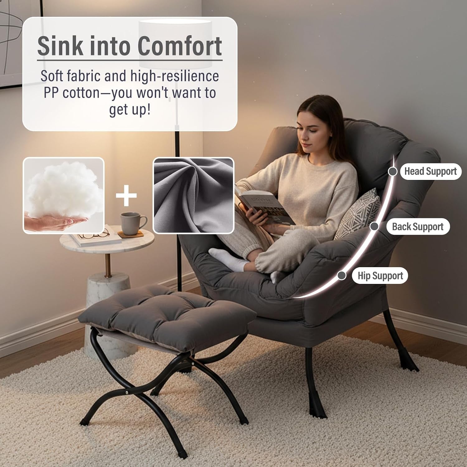 Person sitting cross-legged in the padded chair with ottoman in front, graphic highlights head, back and hip support