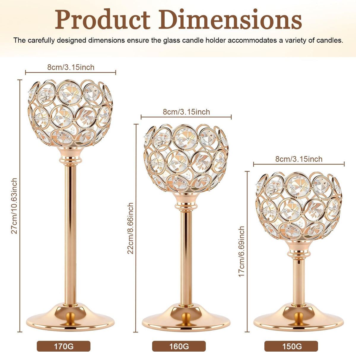 Three gold crystal holders with dimension overlays labeled 27cm, 22cm and 17cm and 8cm cup diameter