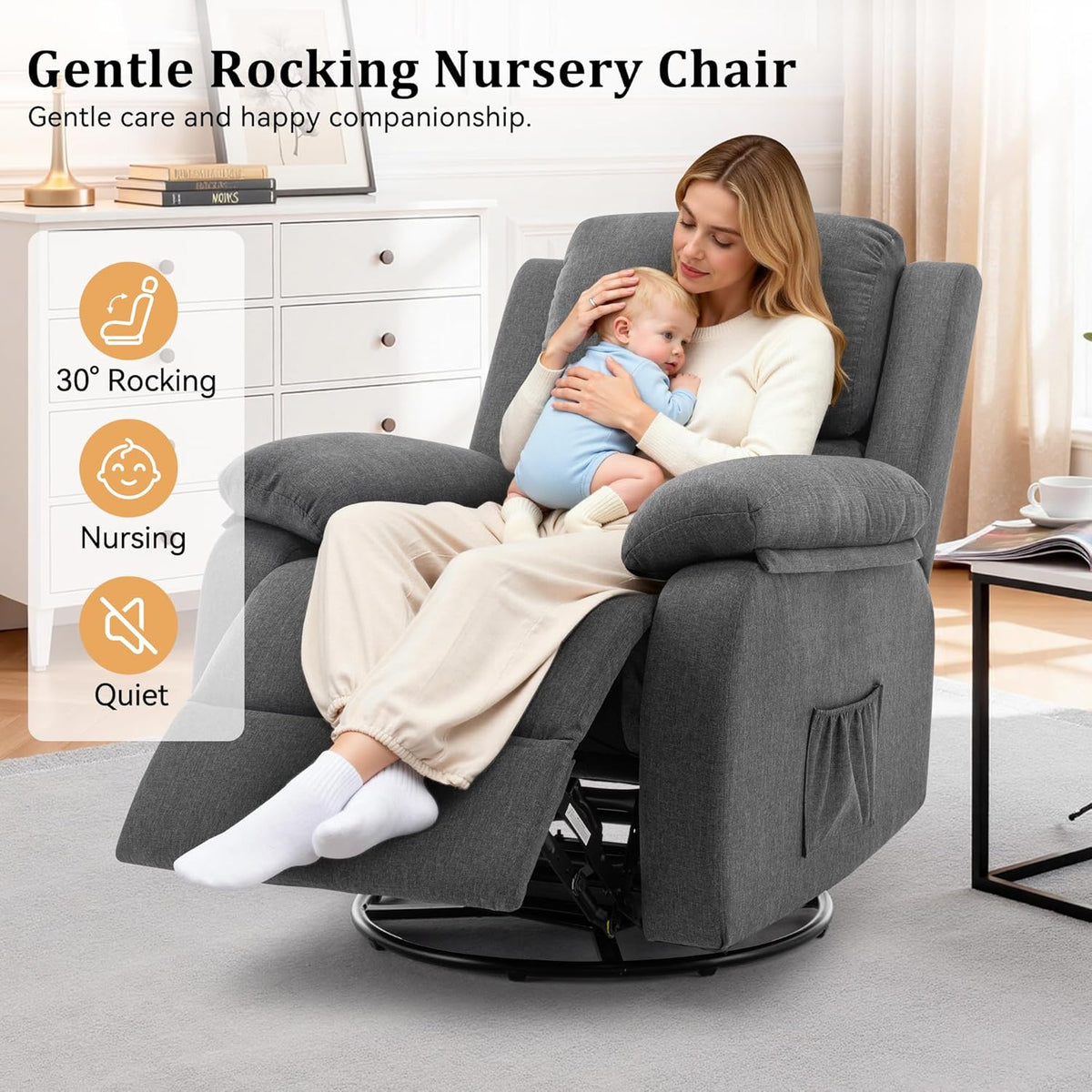 Woman holding a baby while reclined in a gray swivel rocker with footrest extended in a bright nursery-style room.