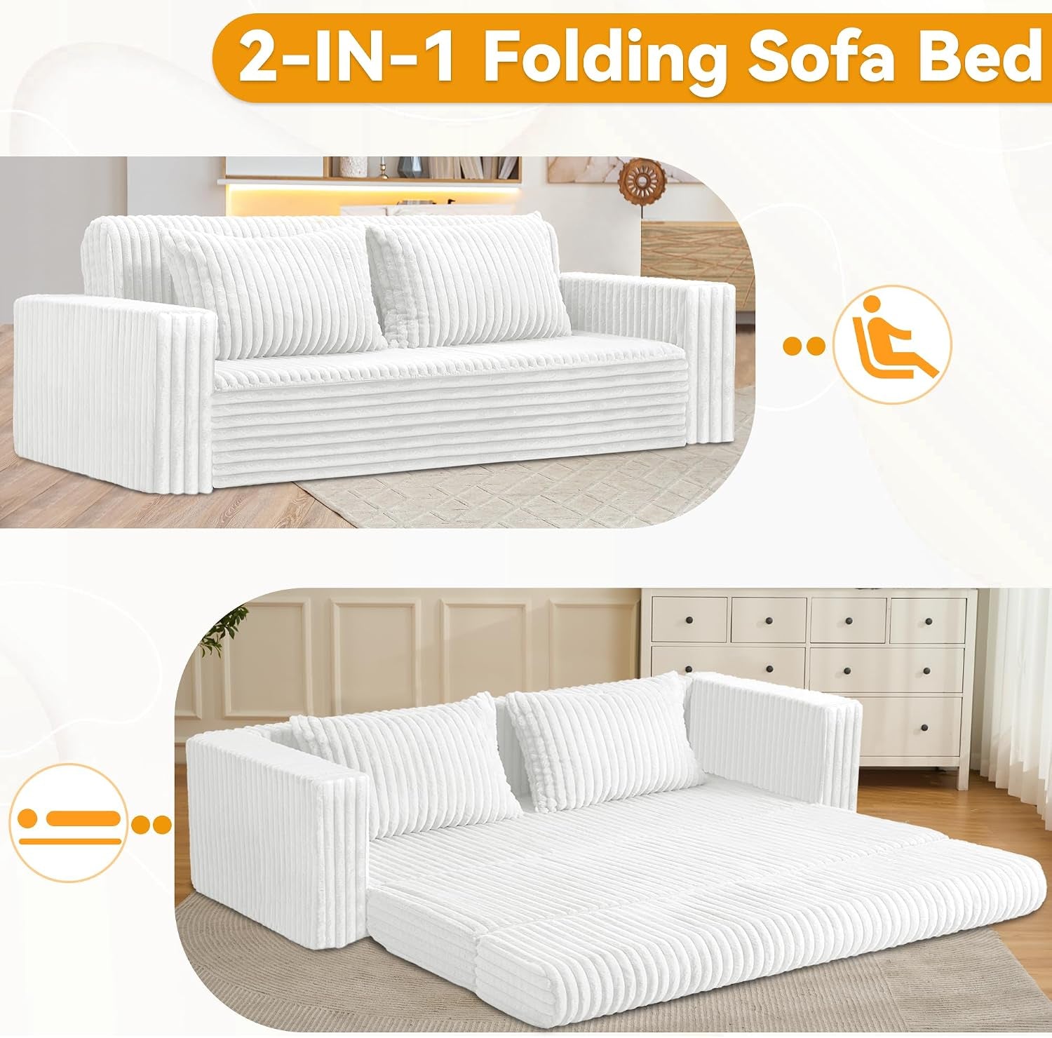 Two views of the sofa bed showing upright sofa and fully folded out sleeper in white fabric