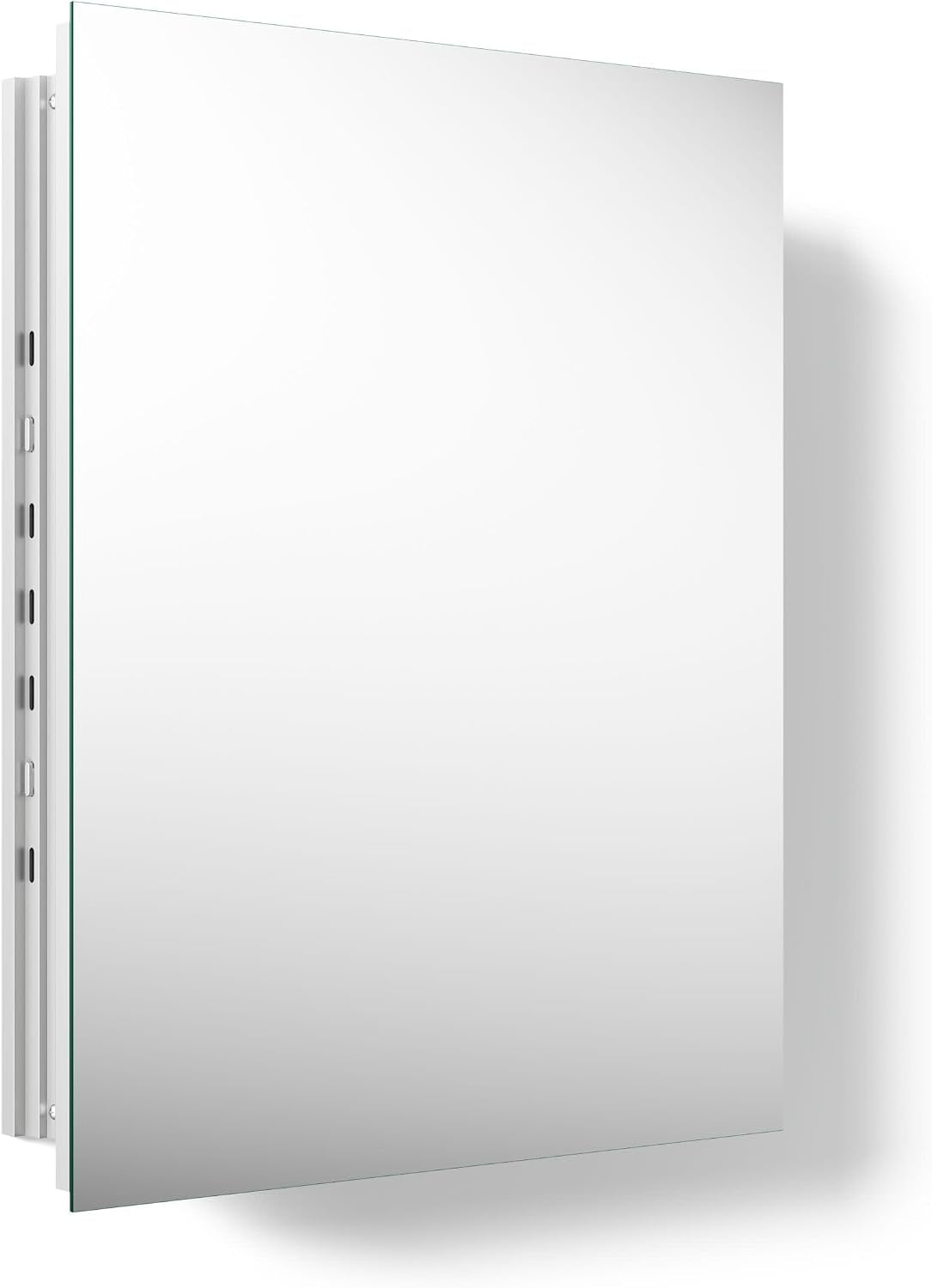 Angled side view showing the mirror door edge and exposed vertical mounting rail along the cabinet side.