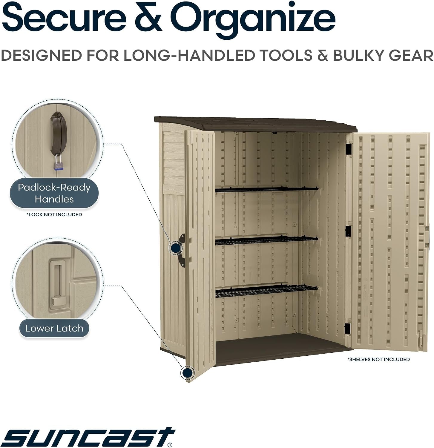 Open cabinet interior diagram showing built-in notches for up to three shelf positions, padlock-ready handles and lower latch